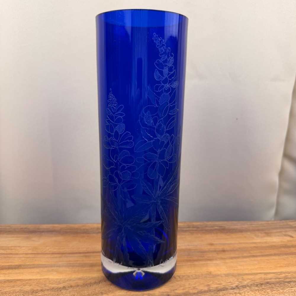 Wanda Poland Cobalt Blue Glass Lupine Etched Vase Tera Heyne Signed  12"
